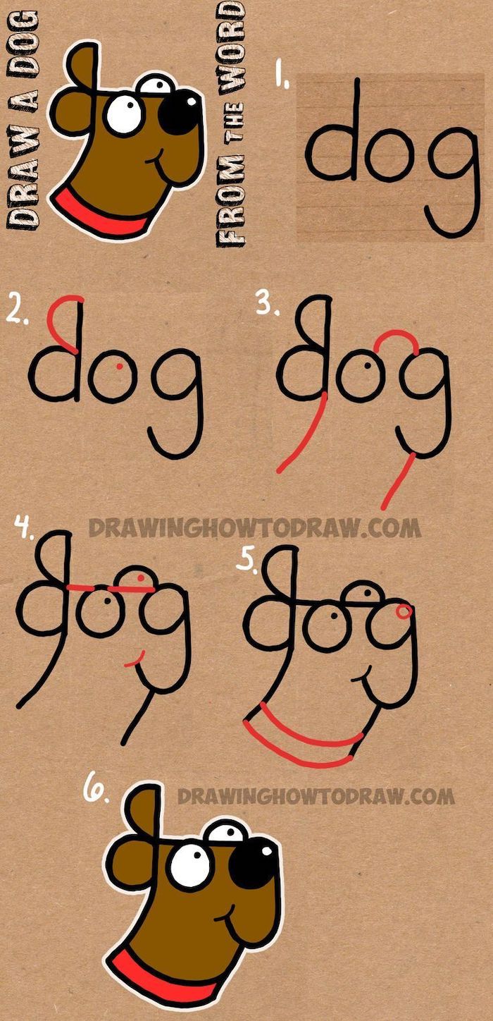 desenhar um cão da palavra cão, passo a passo, tutorial diy, imagens legais para desenhar, desenho colorido