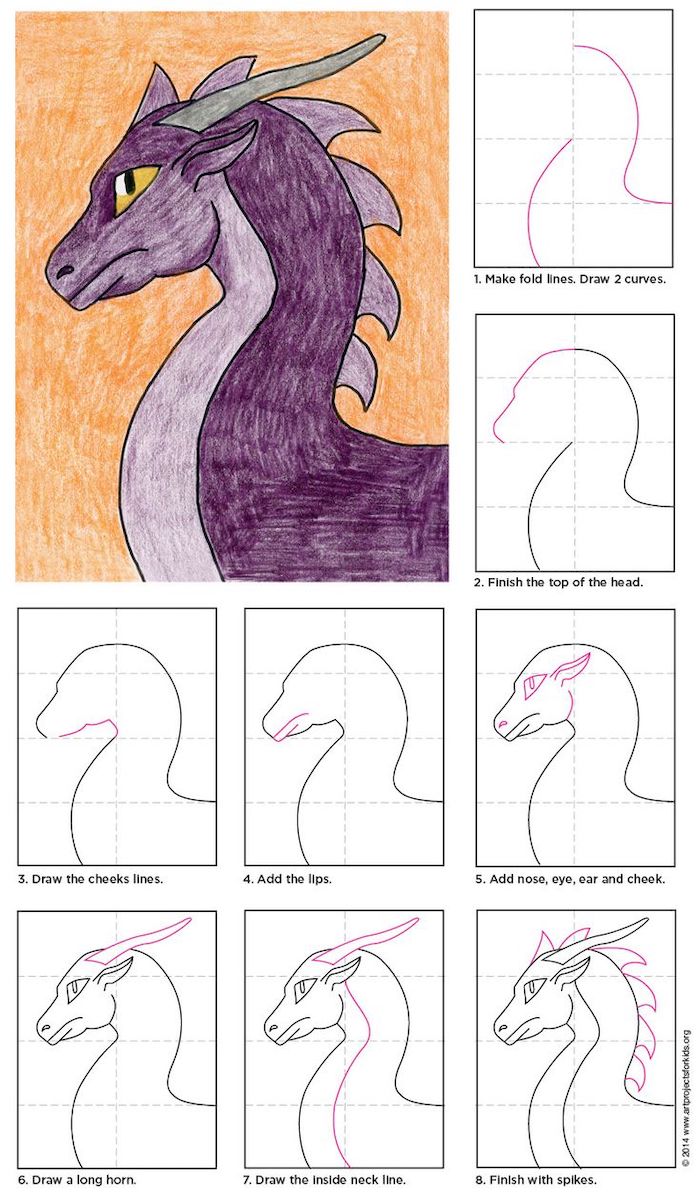 how to draw a dragon, cool pictures to draw, step by step diy tutorial in eight steps, colored drawing