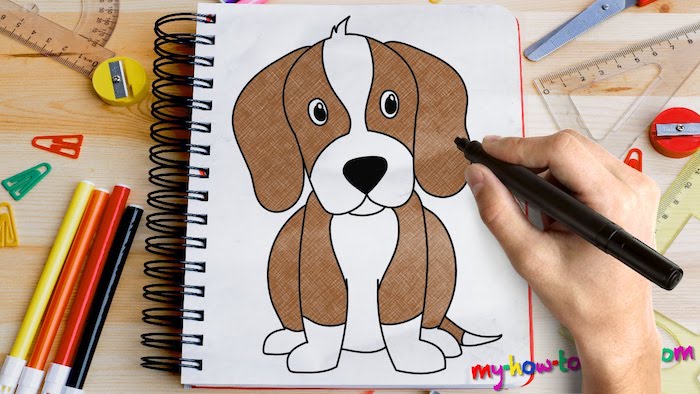 desenho de um cão, colorida com marcadores, imagens legais para desenhar, branco notebook colocado sobre uma mesa de madeira, lápis e réguas de volta