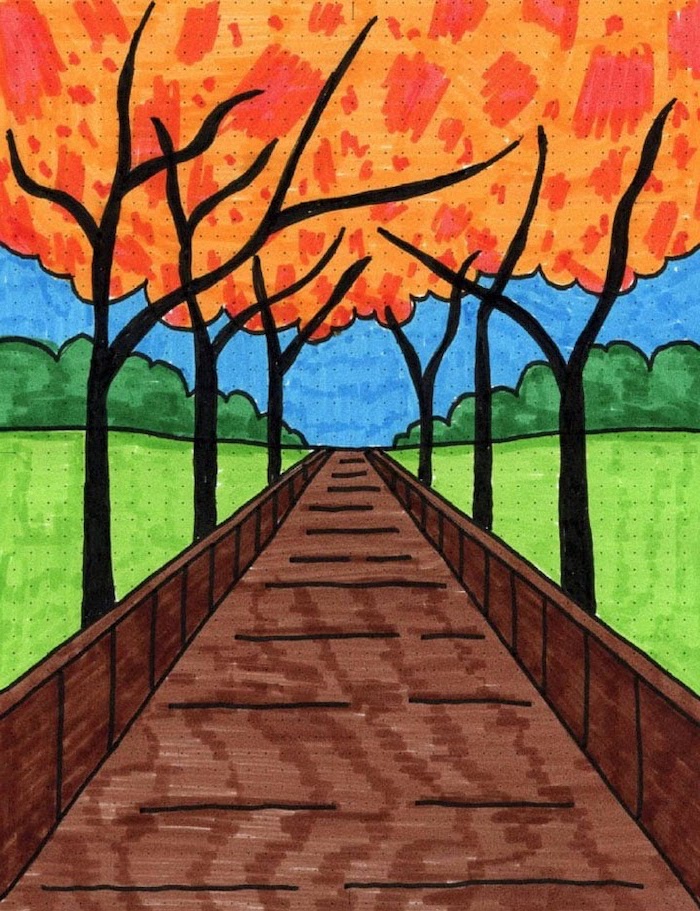 drawing of a pathway underneath trees, cool pictures to draw, drawing colored with markers