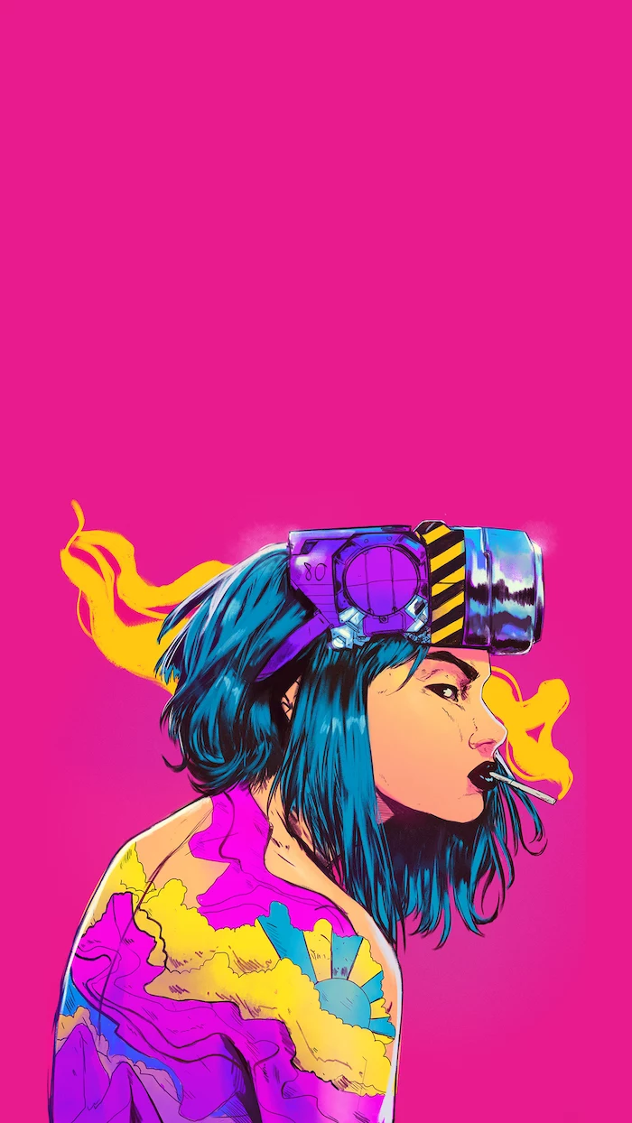 pinterest wallpaper, drawing of a woman with blue hair, smoking a cigarette, drawn on pink background