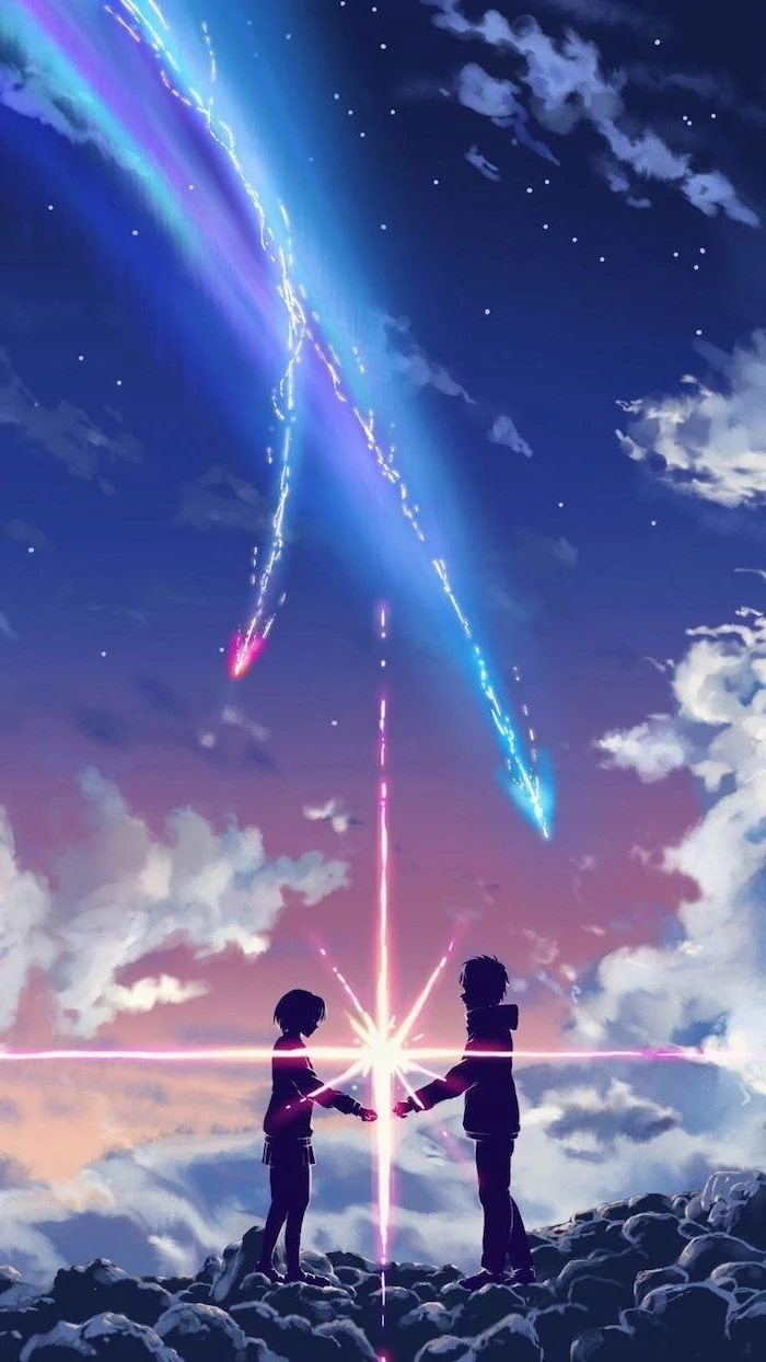 drawing of a boy and girl, standing on rocks, large star between them, pinterest wallpaper, blue and pink arrows in the sky