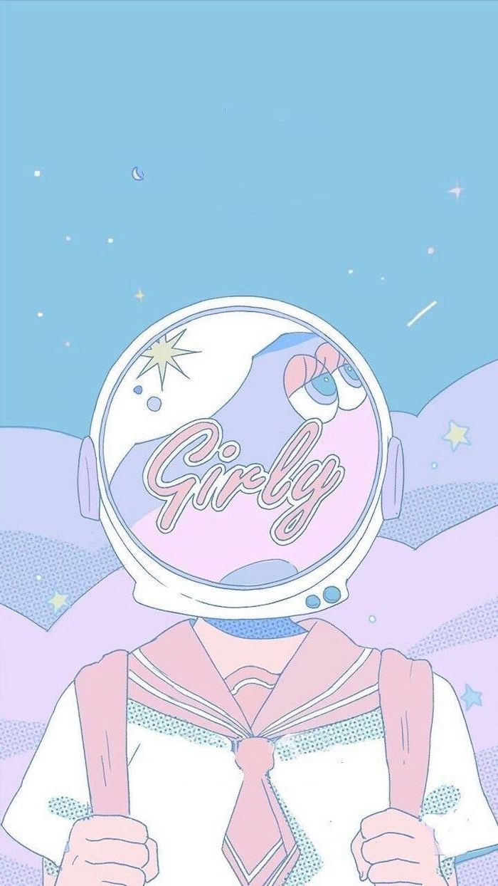 drawing of a girl in a school uniform, astronaut's helmet on her head, cute aesthetic wallpapers, pink and blue colors