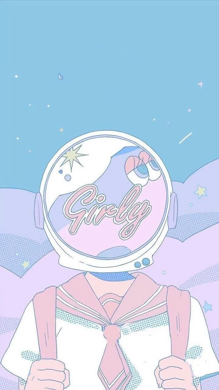 drawing of a girl in a school uniform, astronaut's helmet on her head, cute aesthetic wallpapers, pink and blue colors