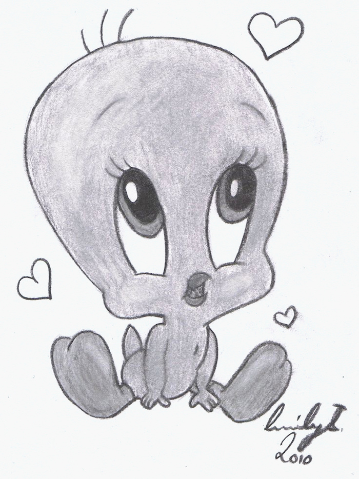 drawing of tweety from looney tunes, cool pictures to draw, black and white pencil sketch, white background, simple easy drawings step by step for beginners
