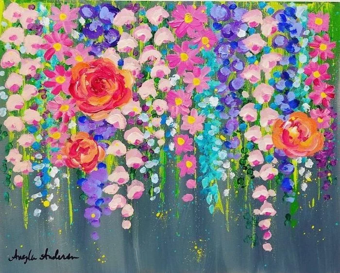 acrylic painting on canvas, different flowers, in different shapes sizes and colors, painted on grey background