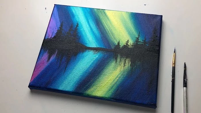 northern lights shining in the sky, above a lake, surrounded by tall black trees, acrylic painting on canvas