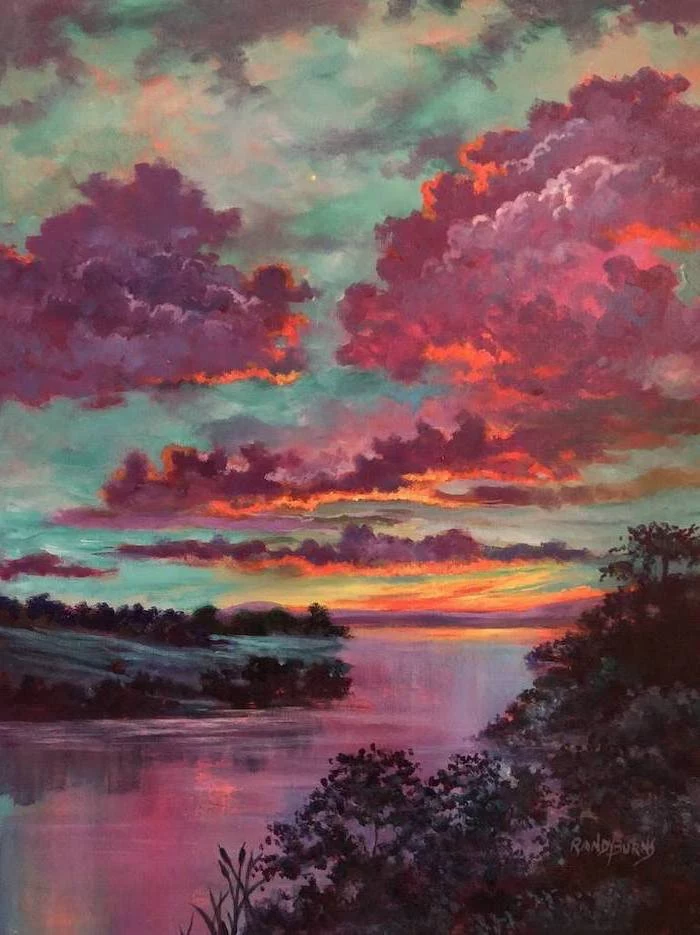 sunset sky over a river, cool easy paintings, dark trees and bushes along the river, purple and orange colors, canvas painting ideas with black background