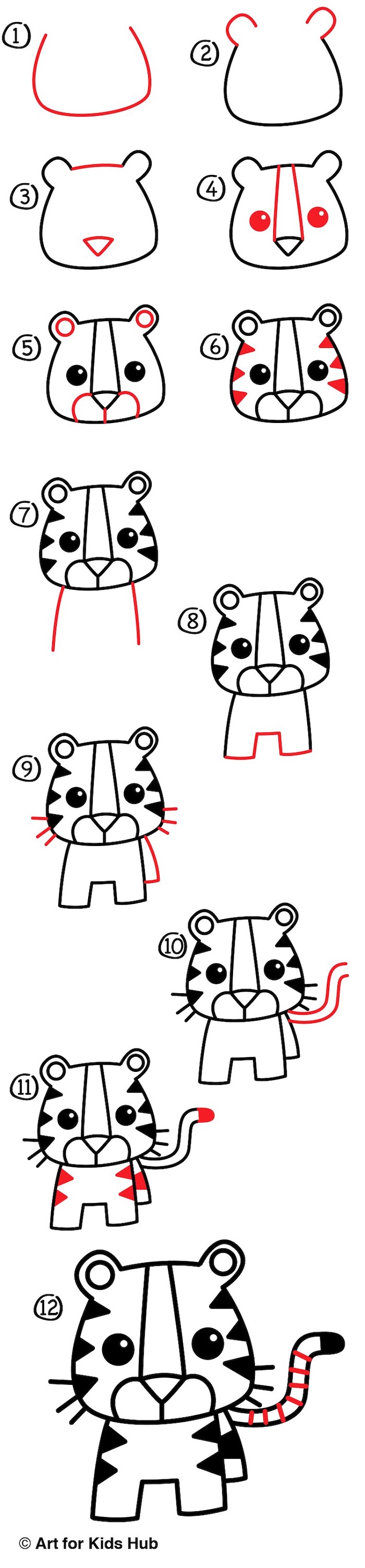 como desenhar um bebê tigre em doze passos, como desenhar passo a passo, passo a passo, tutorial diy, fundo branco