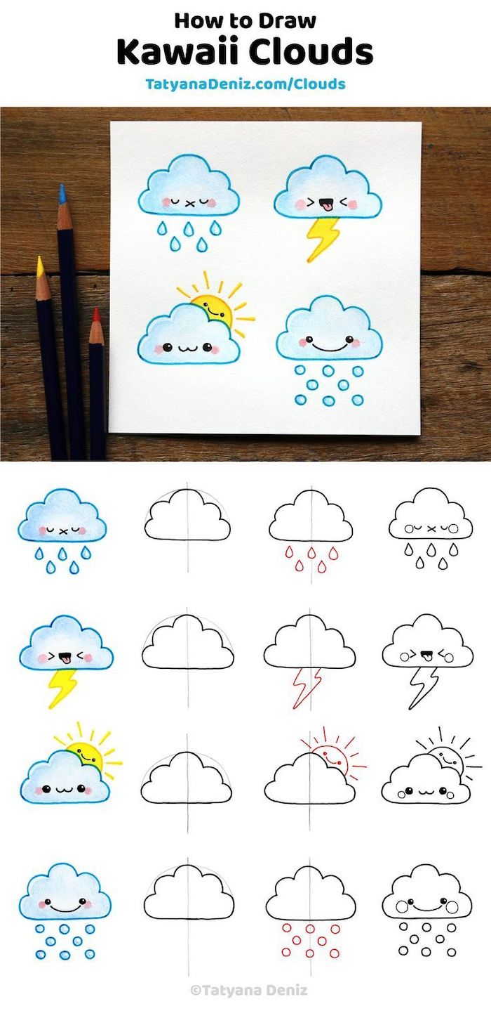 como desenhar kawaii nuvens, como desenhar passo a passo, de cor com o azul e o amarelo lápis, passo a passo, tutorial diy