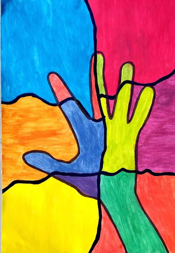 hand print colored in different colors, how to draw step by step, staned glass effect, colored with markers, simple easy drawings step by step for beginners