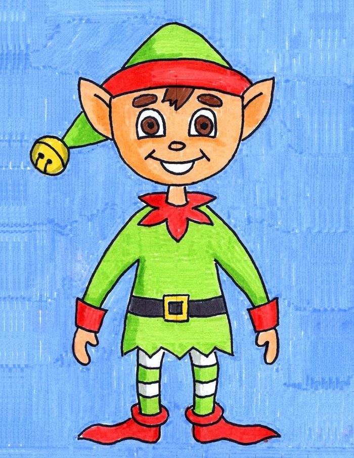 drawing of an elf, how to draw step by step, with har and shoes, blue background, colored with markers