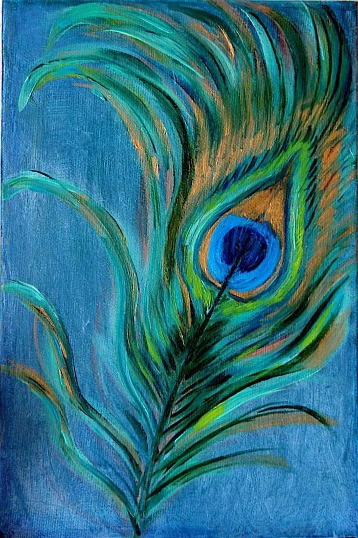 feather from a peacock, cool easy paintings, painted in gold green and blue, blue background