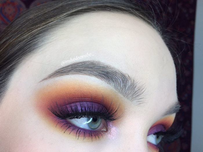 purple and orange eyeshadow colors, woman with blue eyes, eyeshadow tutorial, thick eyebrows and blonde hair