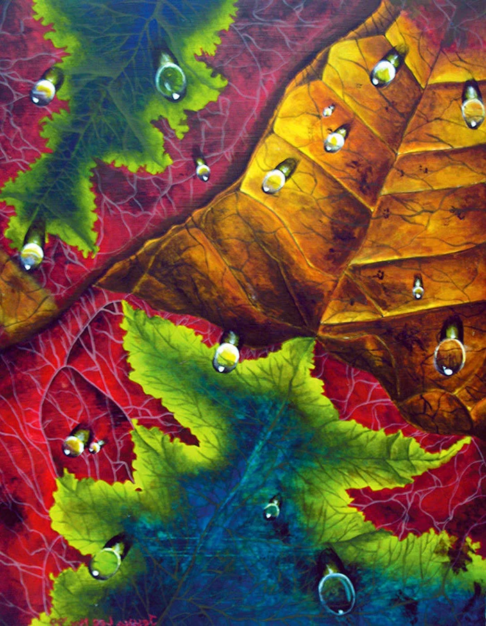 close up of fall leaves, water drops on them, cool easy paintings, painted with green red yellow and blue colors