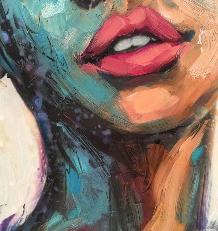 close up of a female face, painted in different colors, cool easy paintings, large pink lips