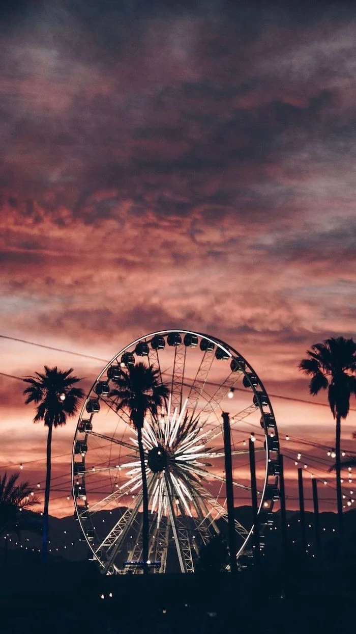 ferris wheel with fairy lights, photographed at sunset, surrounded by tall palm trees, cute aesthetic wallpapers