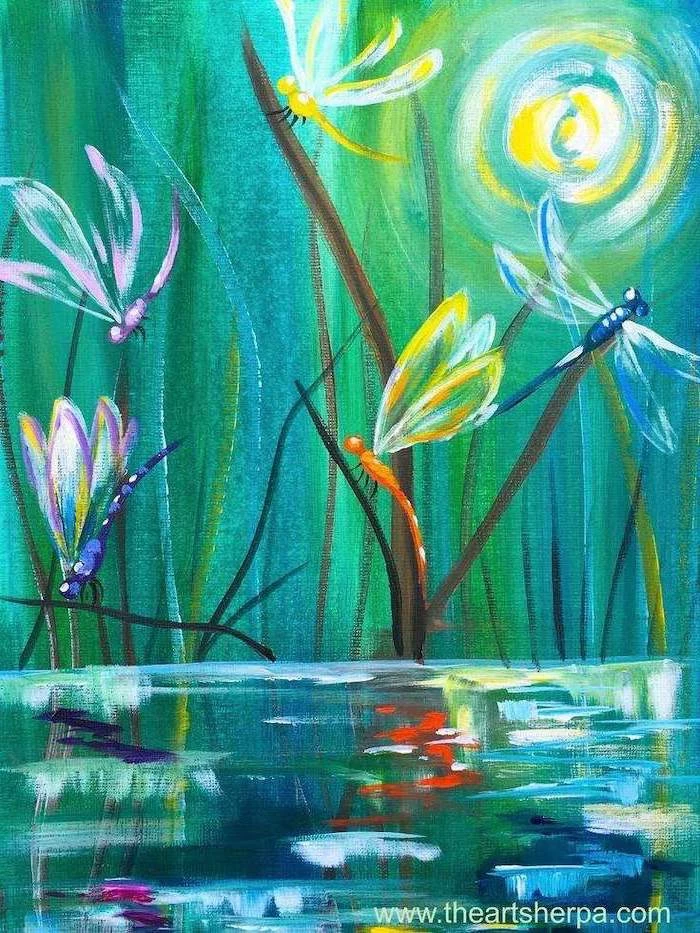 easy canvas painting ideas, fireflies flying over a pond, green and turquoise background
