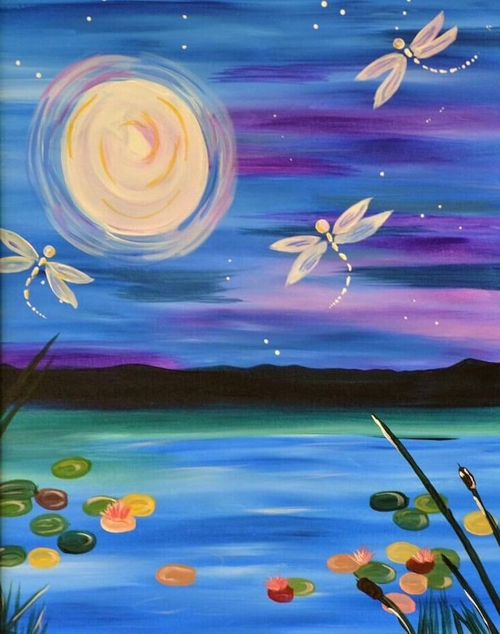 fireflies flying over a pond, easy canvas painting ideas, moon in the sky, purple and blue sky