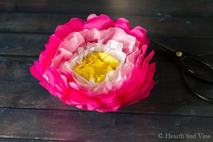flower made of pink white and yellow paper, tissue paper flowers, placed on a wooden surface, scissors next to it