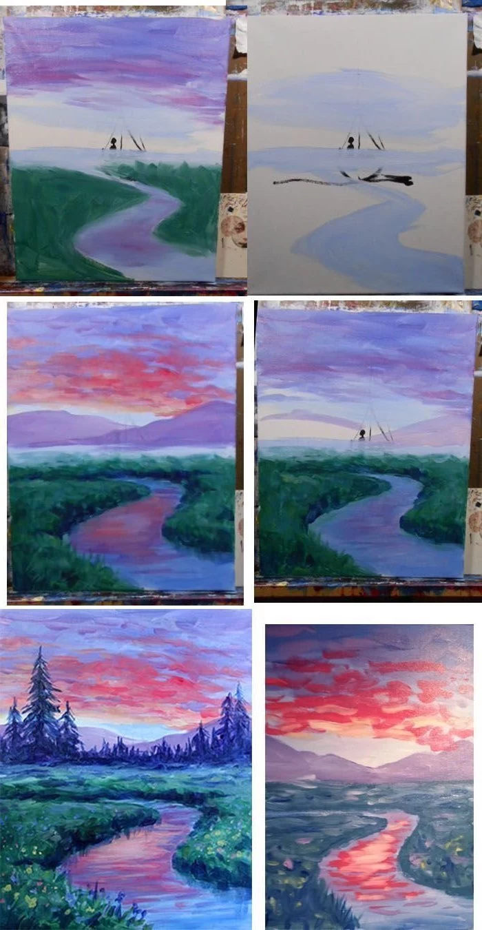 photo collage of step by step diy tutorial, how to draw a forest landscape, easy acrylic paintings, sunset sky