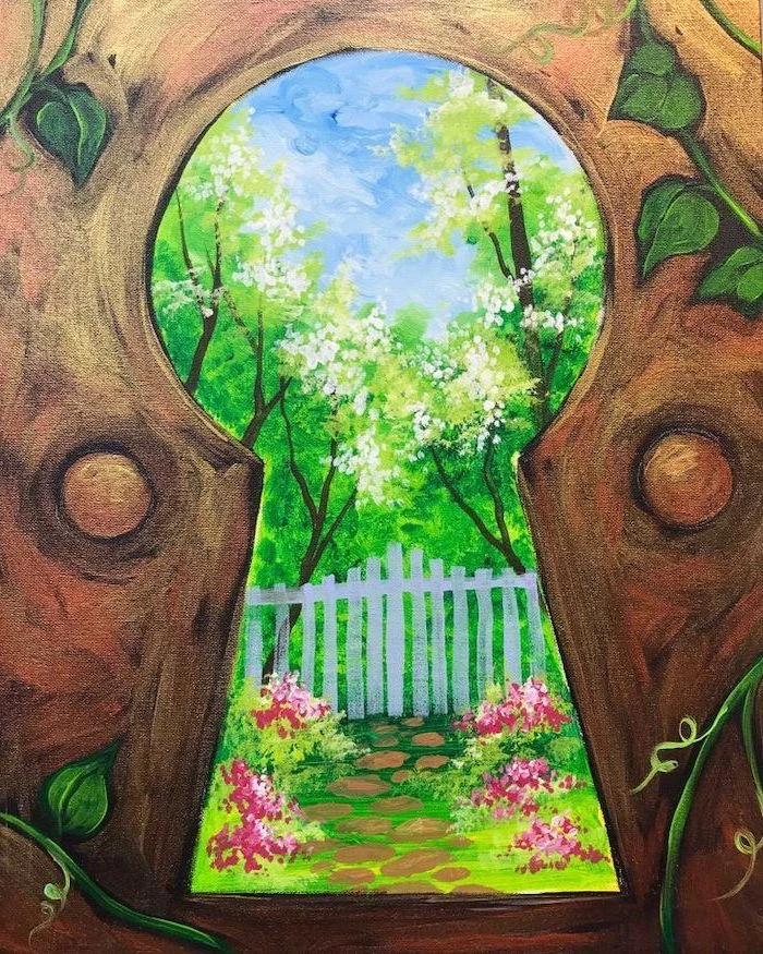 forest landscape seen from a keyhole, easy canvas painting ideas, white picket fence, tall trees with white blossoms