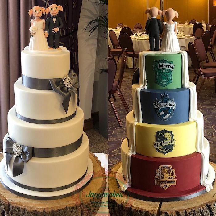 wedding cake covered with white fondant at the front, four hogwarts houses on the back, hagrid birthday cake, four tier cake