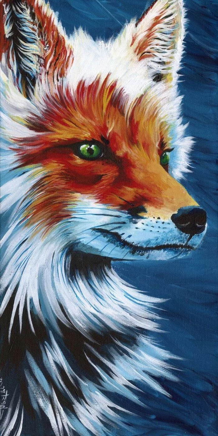 close up of a fox, white and orange fur and green eyes, easy acrylic paintings, dark blue background