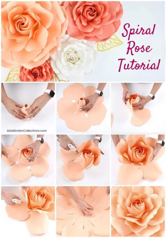 how to make a spiral rose out of paper, photo collage of step by step diy tutorial, paper flower backdrop, blush paper