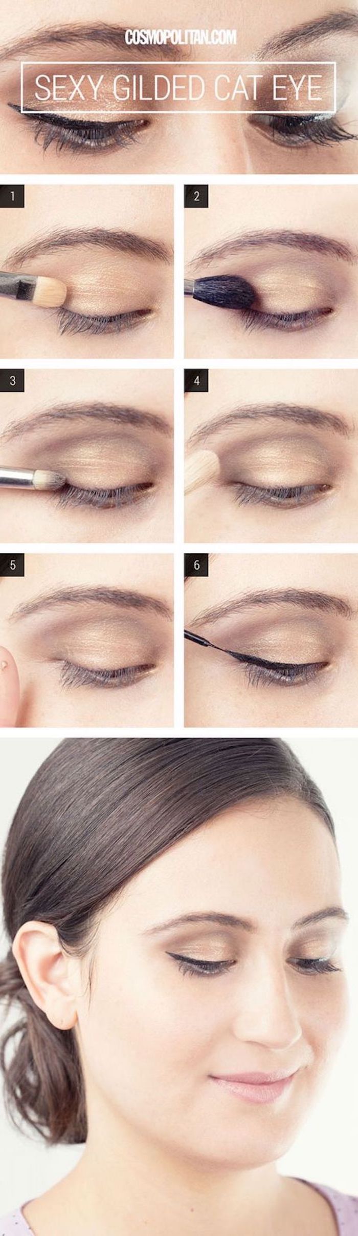 gilded cat eye, step by step diy tutorial, green eyeshadow, nude eyeshadow colors, black cat eyeliner