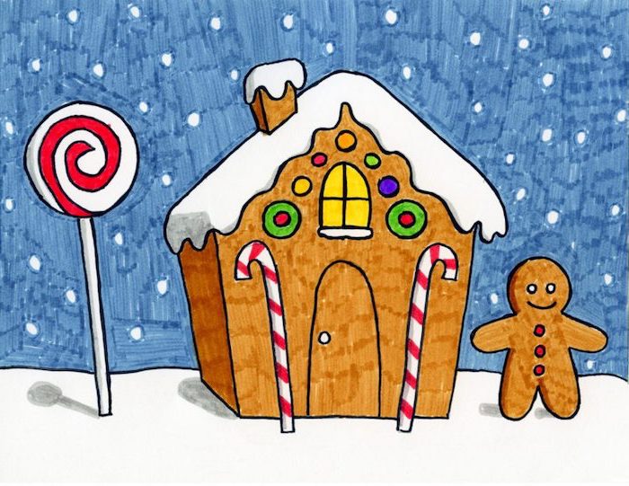 drawing of gingerbread house, lollipop and gingerbread man next to it, cute and easy drawings, colored with markers