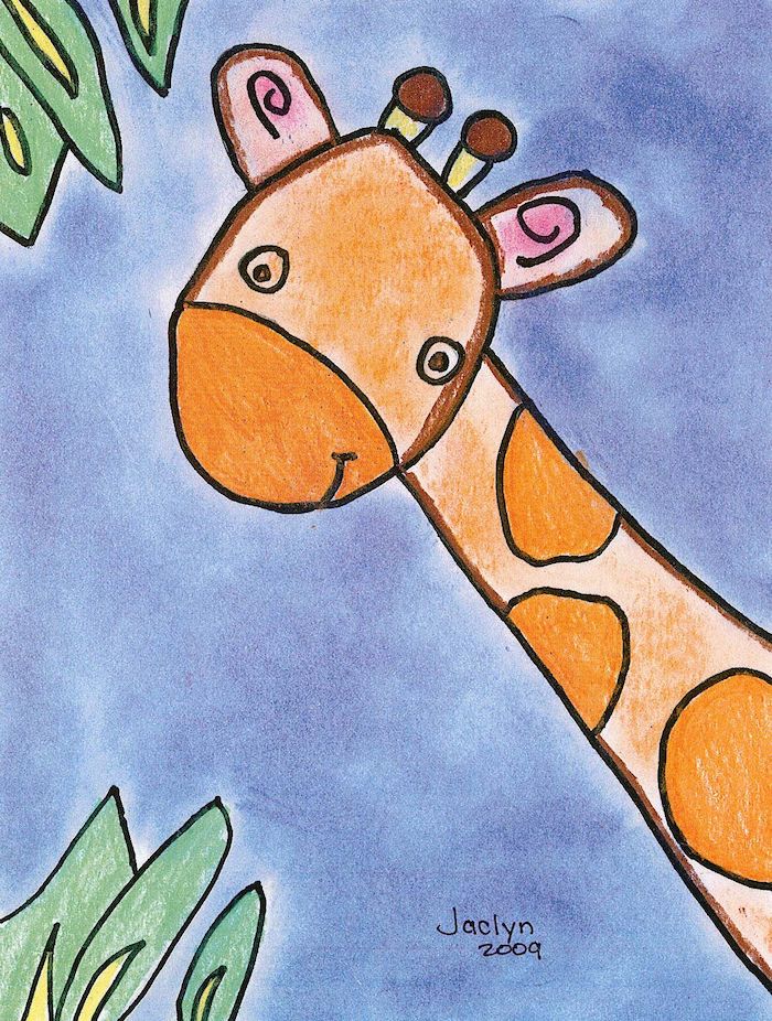 drawing of a giraffe, green leaves in both corners, blue background, colored with pencils, cute and easy drawings