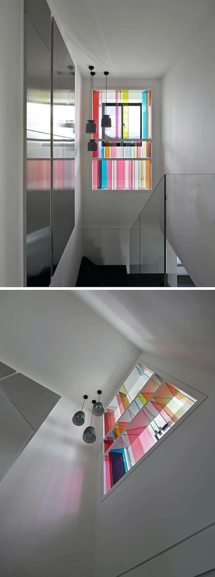 two photos of a hallway and staircase, window between the floors with colored windows, stained glass doors