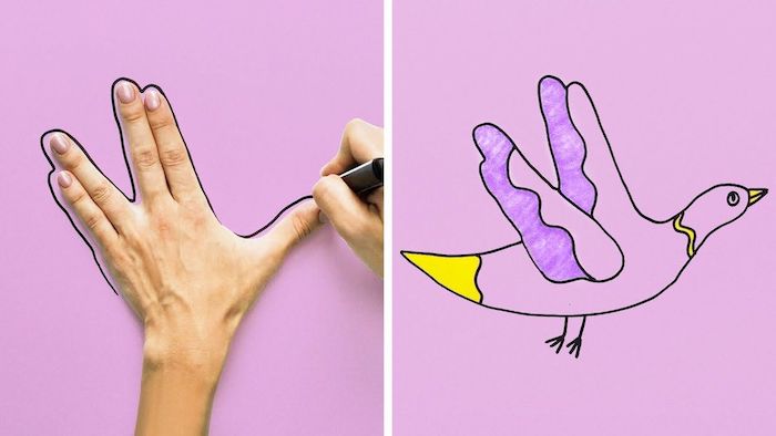 dibujo impreso a mano de pájaro volador, coloreado con morado y dibujos amarillos, lindos y fáciles, fotos lado a lado