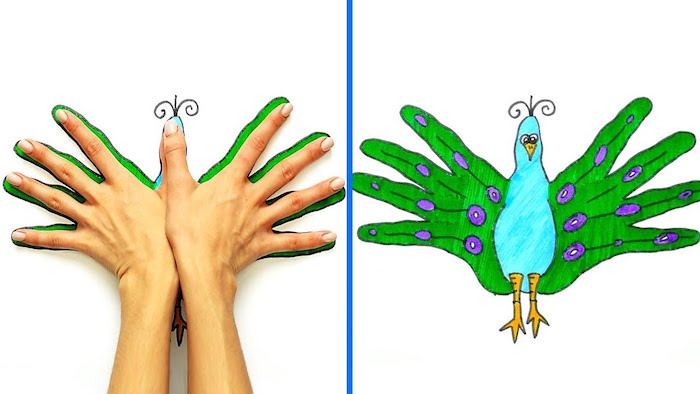 cute and easy drawings, hand print drawing of peacock, colored with green and blue, side by side photos