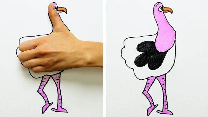 hand print drawing of flamingo, simple easy drawings, side by side photos, white background