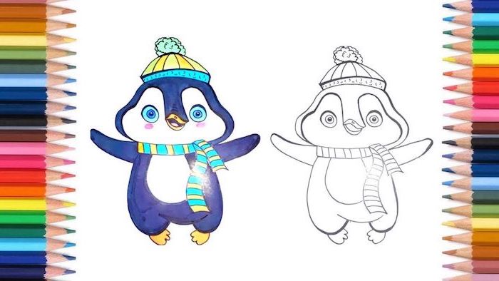 pingüino feliz, página para colorear, coloreado con marcadores, dibujos sencillos y fáciles, fondo blanco, lápices en el lateral