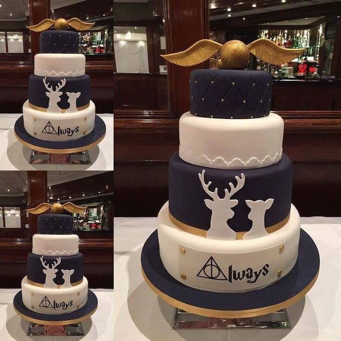 four tier wedding cake, covered with dark blue and white fondant, happy birthday harry potter cake, golden snitch topper