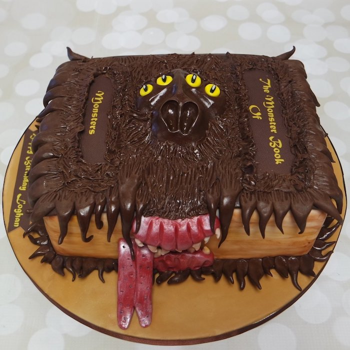 the monster book of monsters, one tier cake made with fondant and buttercream, harry potters birthday cake