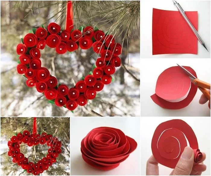 photo collage of step by step diy tutorial, diy valentine decorations, heart shaped wreath, made of red paper roses