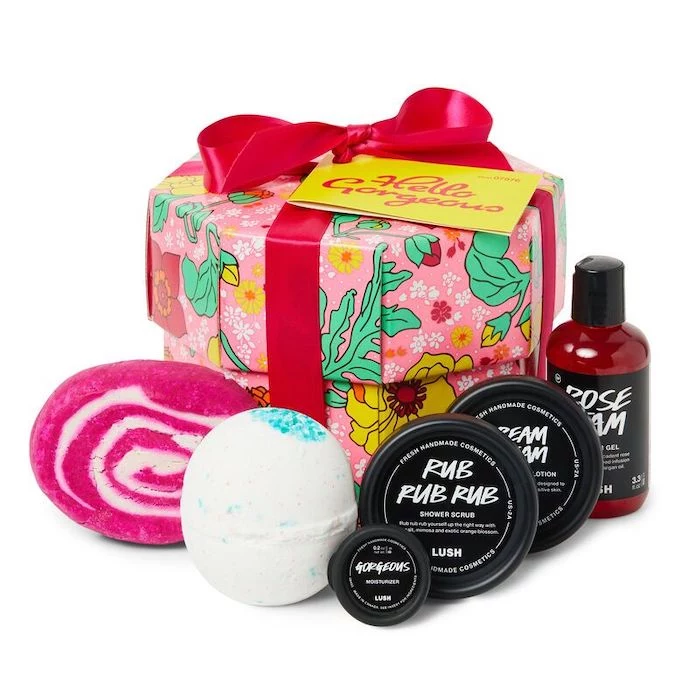 best valentines gifts for her, hello gorgeous bath kit, inside a small floral box, wrapped with pink satin bow