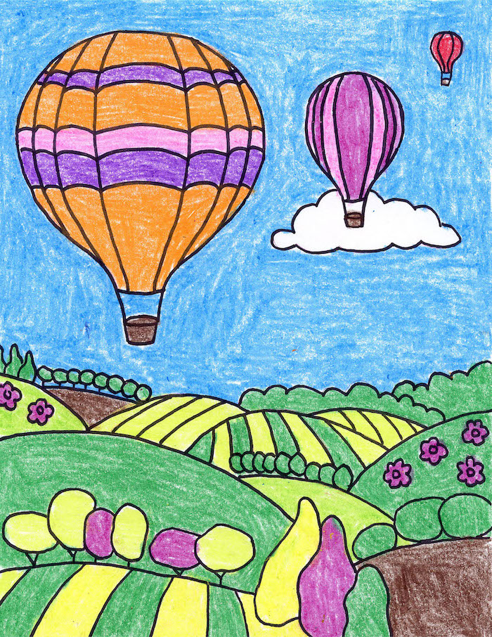 globos de aire caliente que vuelan sobre campos verdes, dibujos sencillos y fáciles, dibujos a color con lápices de colores