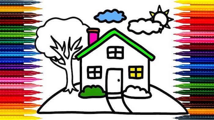 coloring page, how to draw for kids, drawing of a house with tree on the side, sun and clouds on top, pencils around it