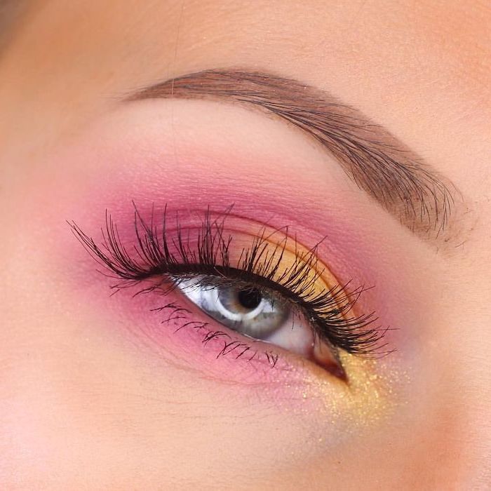 yellow and pink eyeshadow colors, green eyeshadow, woman with blue eyes, slim eyebrows