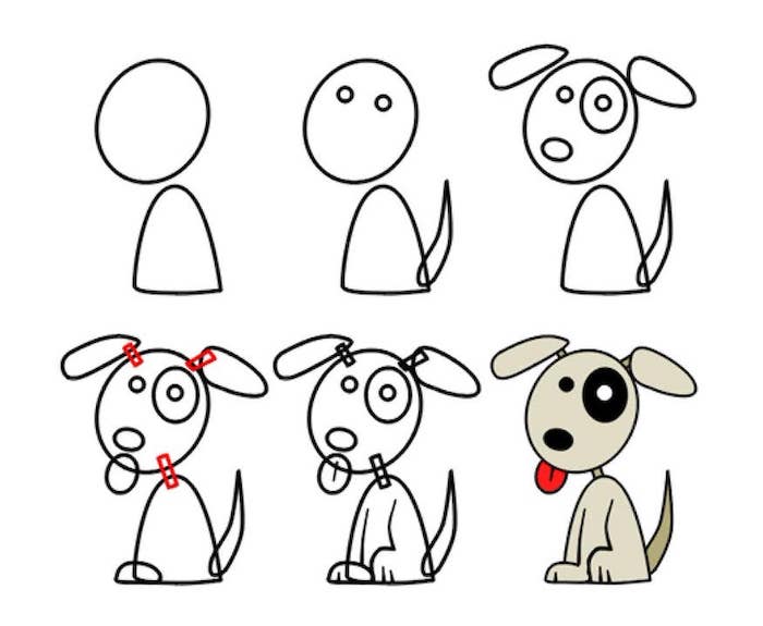 como desenhar um cão em seis etapas, passo a passo, de diy tutorial simples e fácil de desenhos, de fundo branco