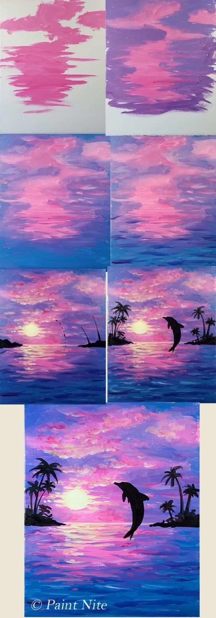 dolphin swimming in the ocean at sunset, easy acrylic paintings, photo collage of step by step diy tutorial