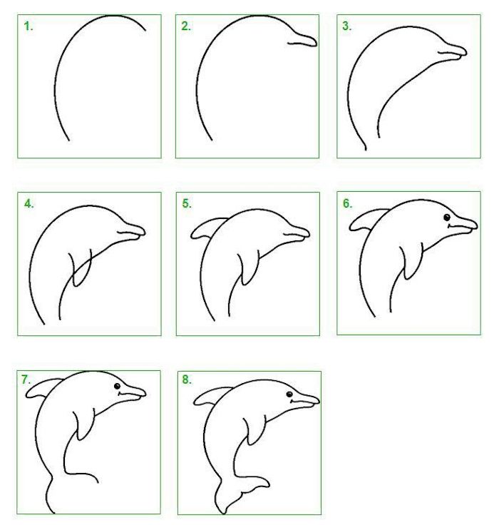 cómo dibujar un delfín en ocho pasos, diseños geniales para dibujar, tutorial diy paso a paso, fondo blanco