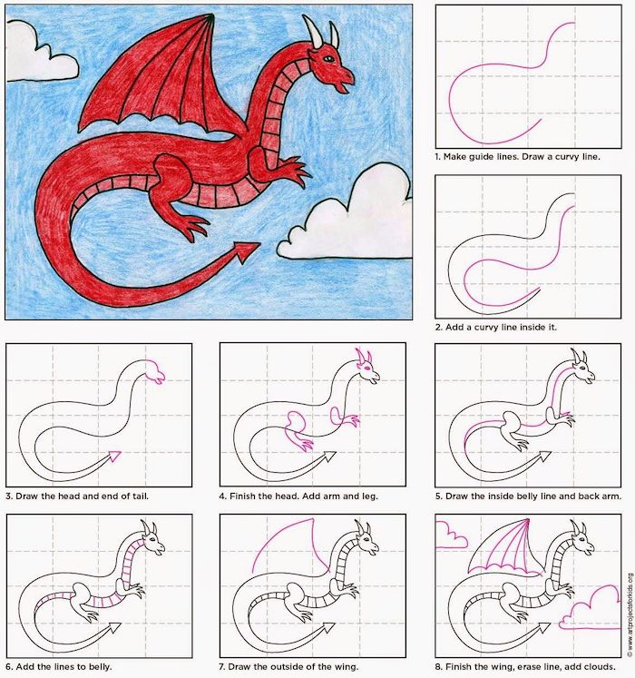how to draw a dragon in eight steps, cool designs to draw, step by step diy tutorial, colored drawing with blue background