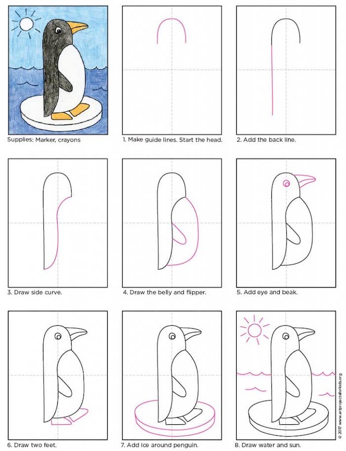 como desenhar um pinguim de pé sobre um pedaço de gelo em oito etapas, desenhos para desenhar, passo a passo, tutorial diy, desenho colorido