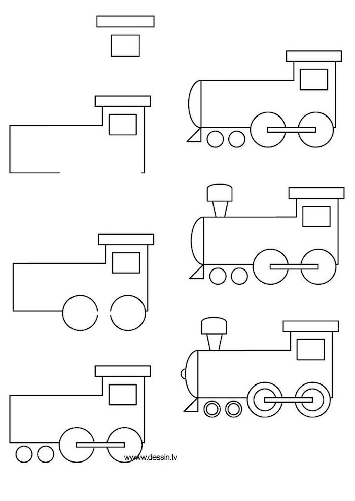 how to draw for kids, how to draw a train's locomotive in seven steps, black and white sketch, step by step diy tutorial, cool drawings easy for kids